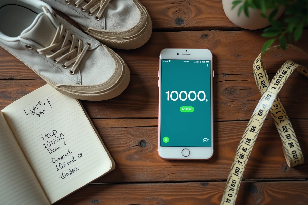 Vue de dessus d'un smartphone affichant 10000 pas avec des baskets et un carnet de notes mesurant la distance en kilomètres parcourus