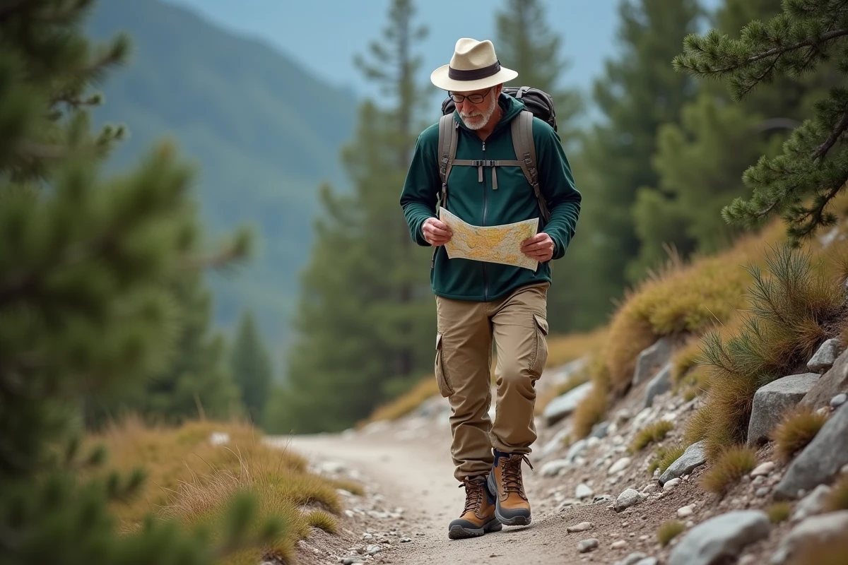 Randonneur marchant sur un sentier de montagne avec bottes et sac à dos pour illustrer les 10000 pas en randonnée sur terrain vallonné