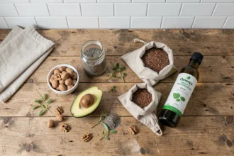 Disposition de vue du dessus d'aliments végétariens riches en oméga 3 : noix, graines de chia, avocat et huile d'algues sur une table en bois