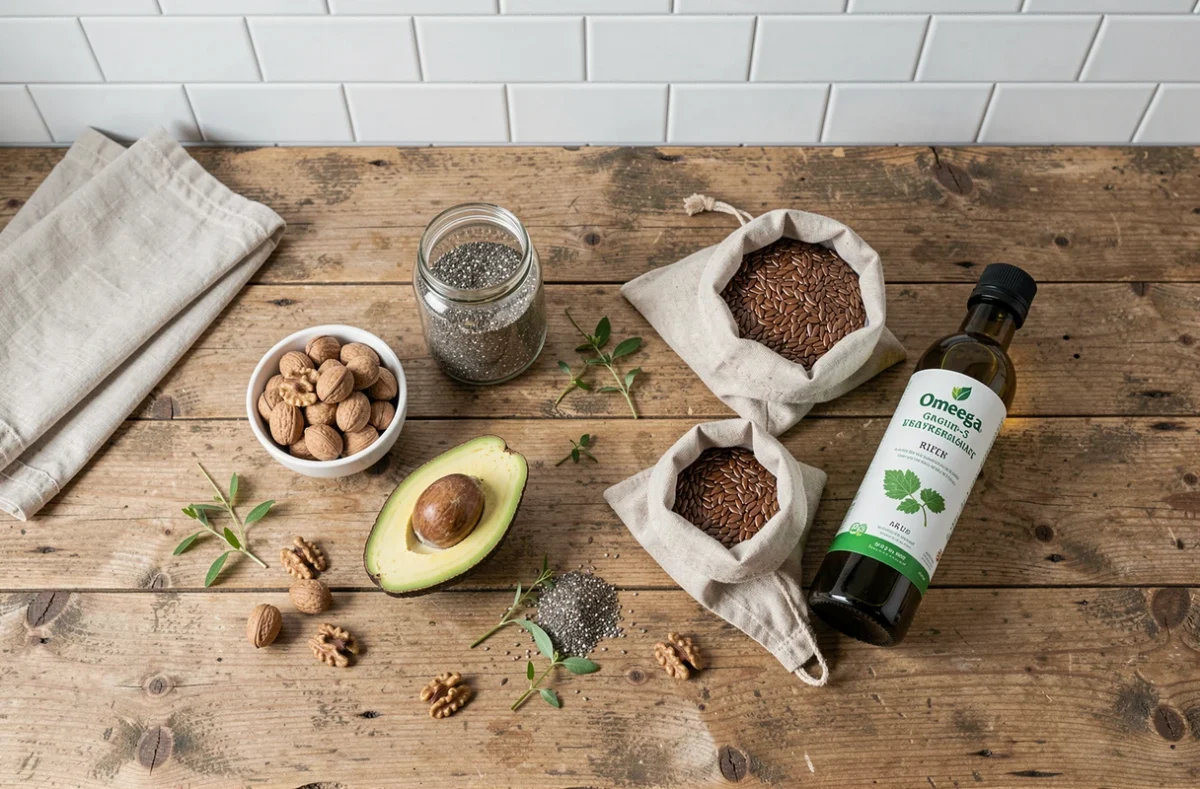 Disposition de vue du dessus d'aliments végétariens riches en oméga 3 : noix, graines de chia, avocat et huile d'algues sur une table en bois