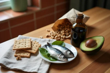 Vue de dessus d'aliments courants riches en oméga-3 sur une table en bois : sardines, noix, avocat et huile de lin