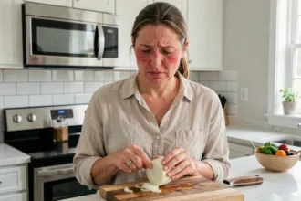 Femme présentant une réaction cutanée après avoir coupé un oignon dans une cuisine moderne, illustrant les symptômes d'une allergie alimentaire aux oignons