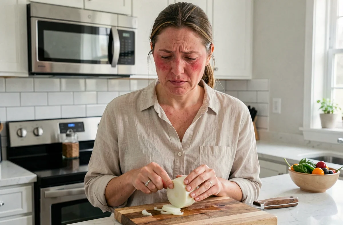 Femme présentant une réaction cutanée après avoir coupé un oignon dans une cuisine moderne, illustrant les symptômes d'une allergie alimentaire aux oignons