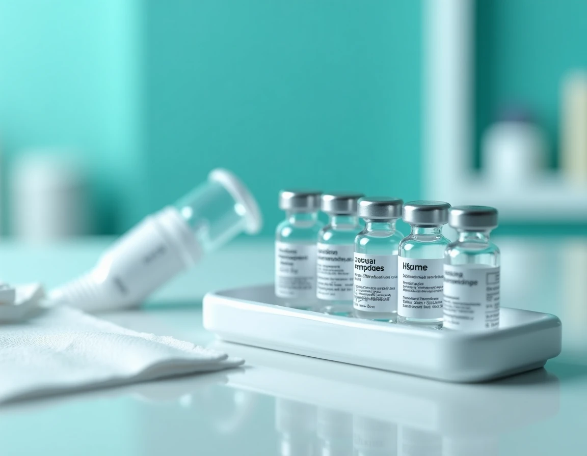 Ampoules de sérum physiologique unidose et inhalateur sur plateau médical stérile