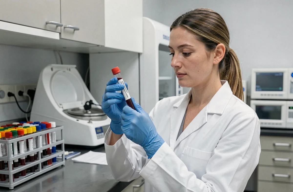 Technicienne de laboratoire en blouse blanche examinant un tube d'analyse sanguine dans un laboratoire médical moderne pour bilan de neuropathie