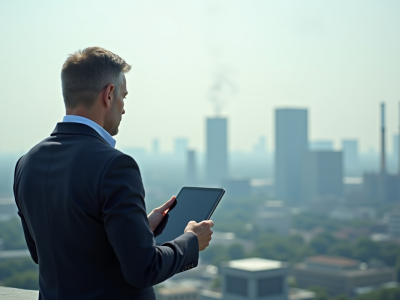 Analyste climat urbain sur le toit d'un bâtiment moderne