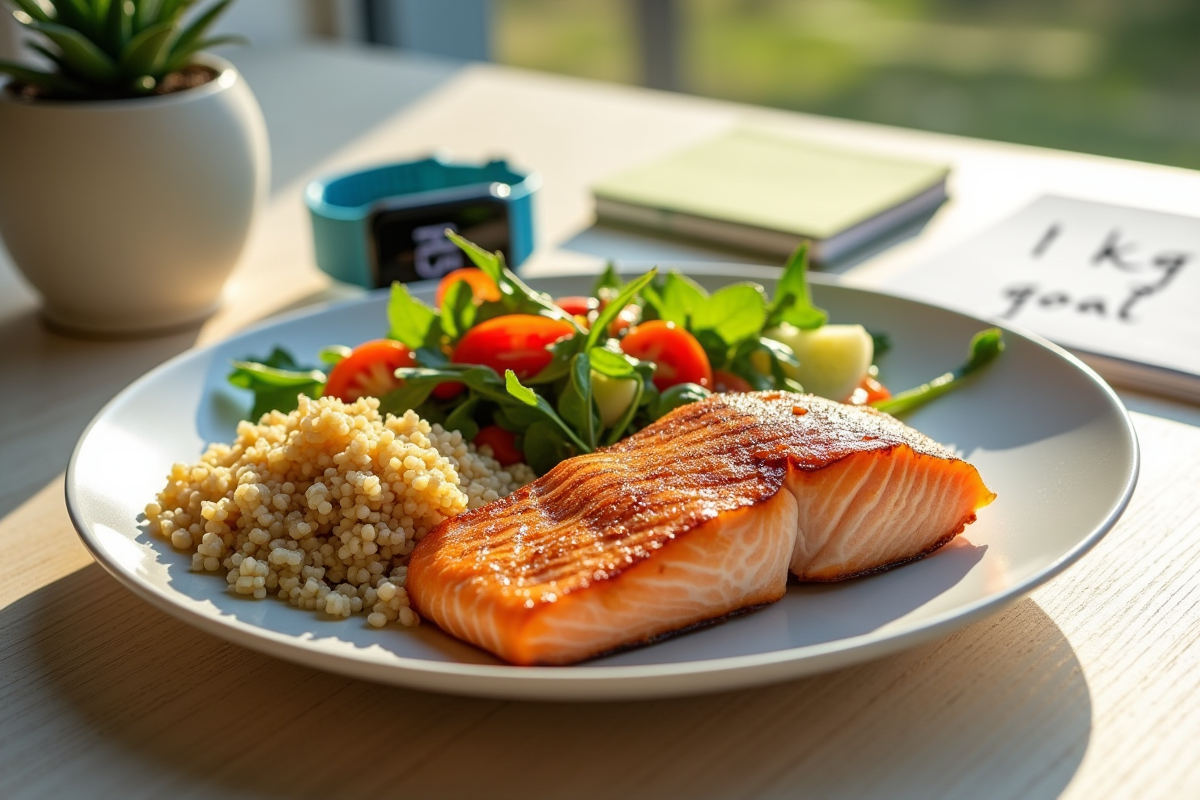 Assiette colorée de saumon grillé quinoa et salade fraîche