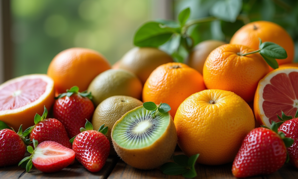 Assortiment de fruits riches en vitamine C sur une table en bois
