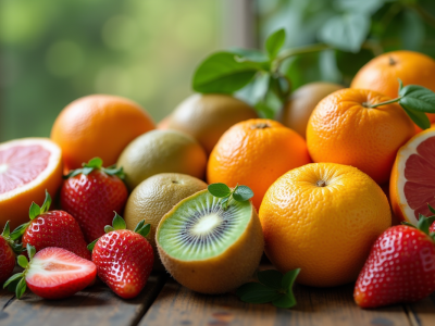 Assortiment de fruits riches en vitamine C sur une table en bois