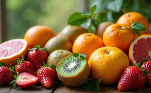 Assortiment de fruits riches en vitamine C sur une table en bois
