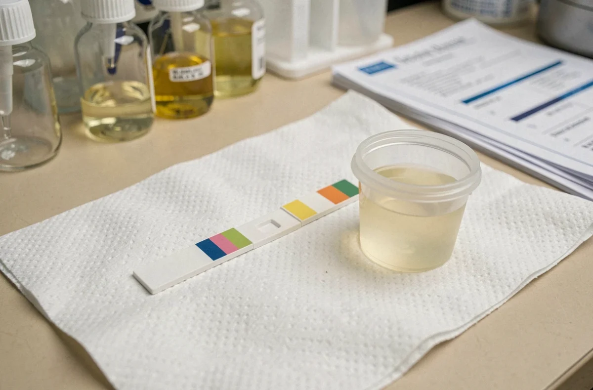 Bandelette réactive d'analyse d'urine posée sur une paillasse de laboratoire médical pour détecter la bilurine