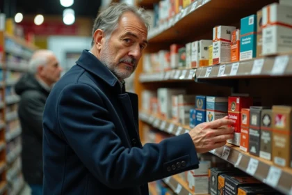 Homme belge en manteau bleu vérifiant des paquets de cigarettes