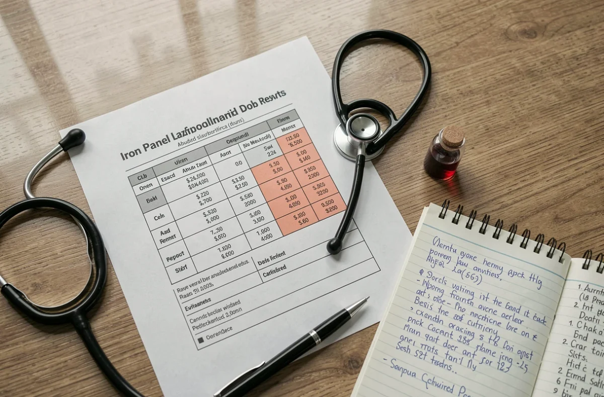 Bilan biologique complet du fer posé sur un bureau médical avec résultats de ferritine, saturation de la transferrine et coefficient de saturation