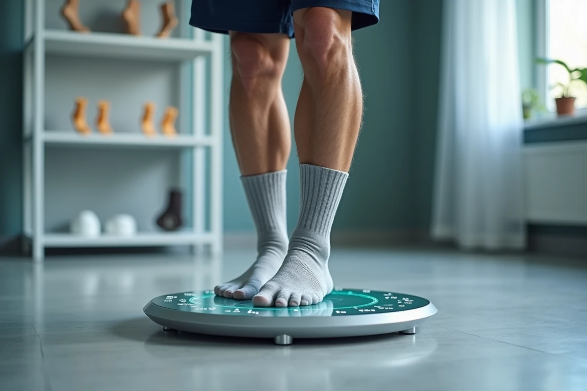 Homme debout sur un podoscope lors d'un bilan podologique pour diagnostiquer un pied plat et choisir la bonne semelle orthopédique
