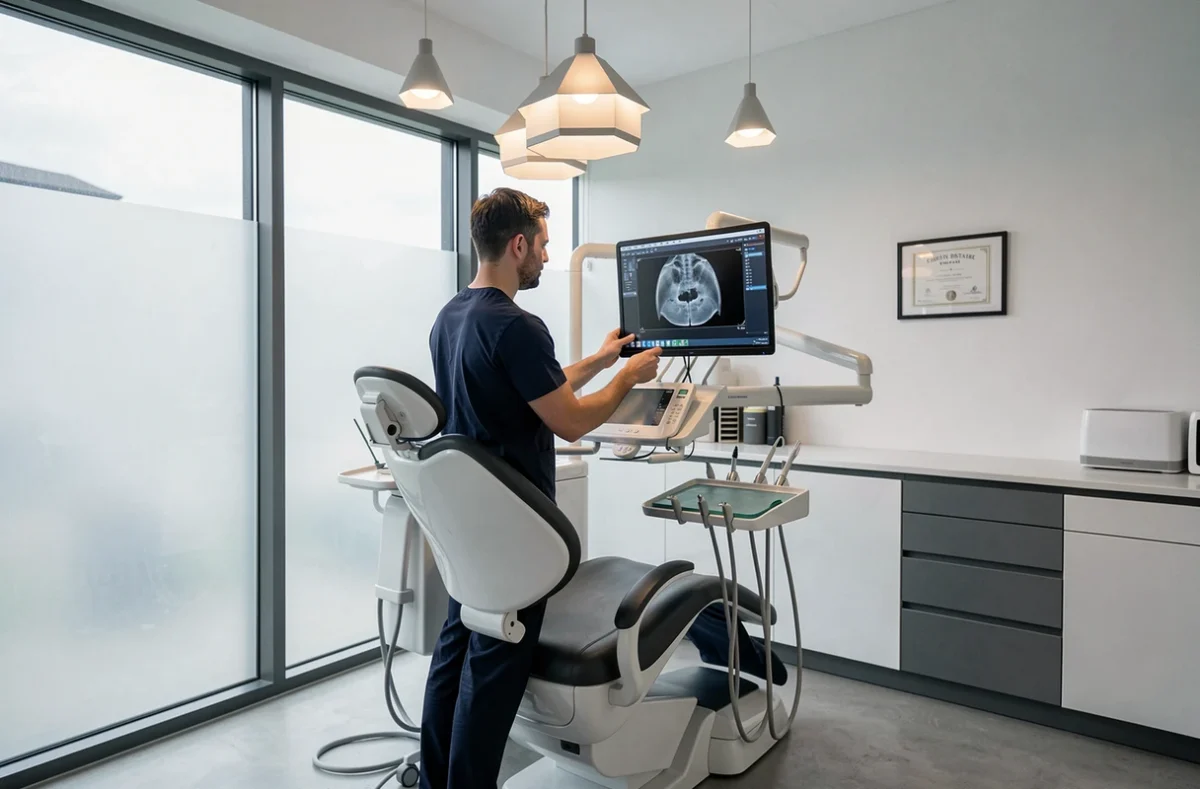 L'intérieur moderne du Cabinet Dentaire D2L avec un dentiste devant un écran de radiographie et un équipement de pointe