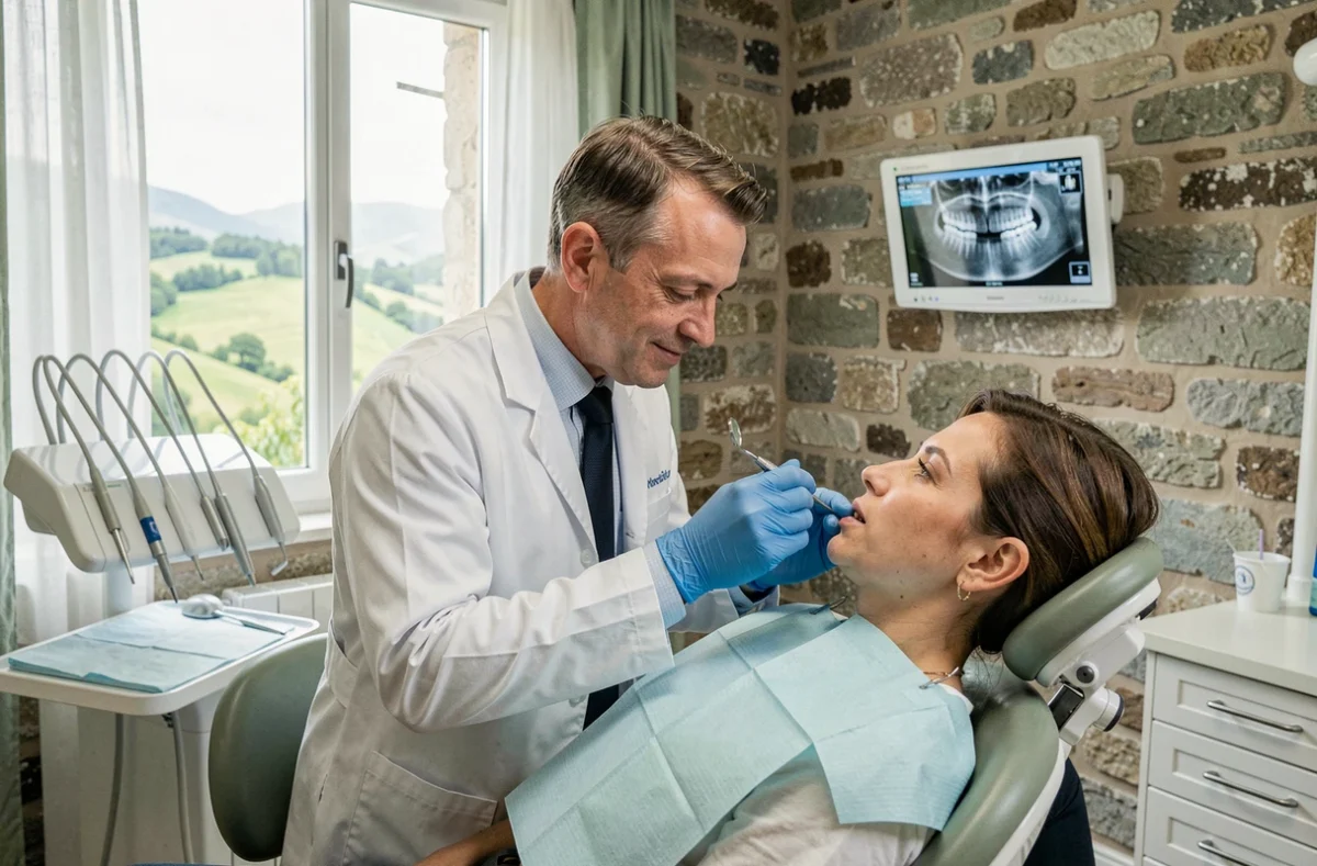 Un dentiste en blouse blanche examine un patient dans le cabinet dentaire des Marches du Velay, avec vue sur la campagne environnante