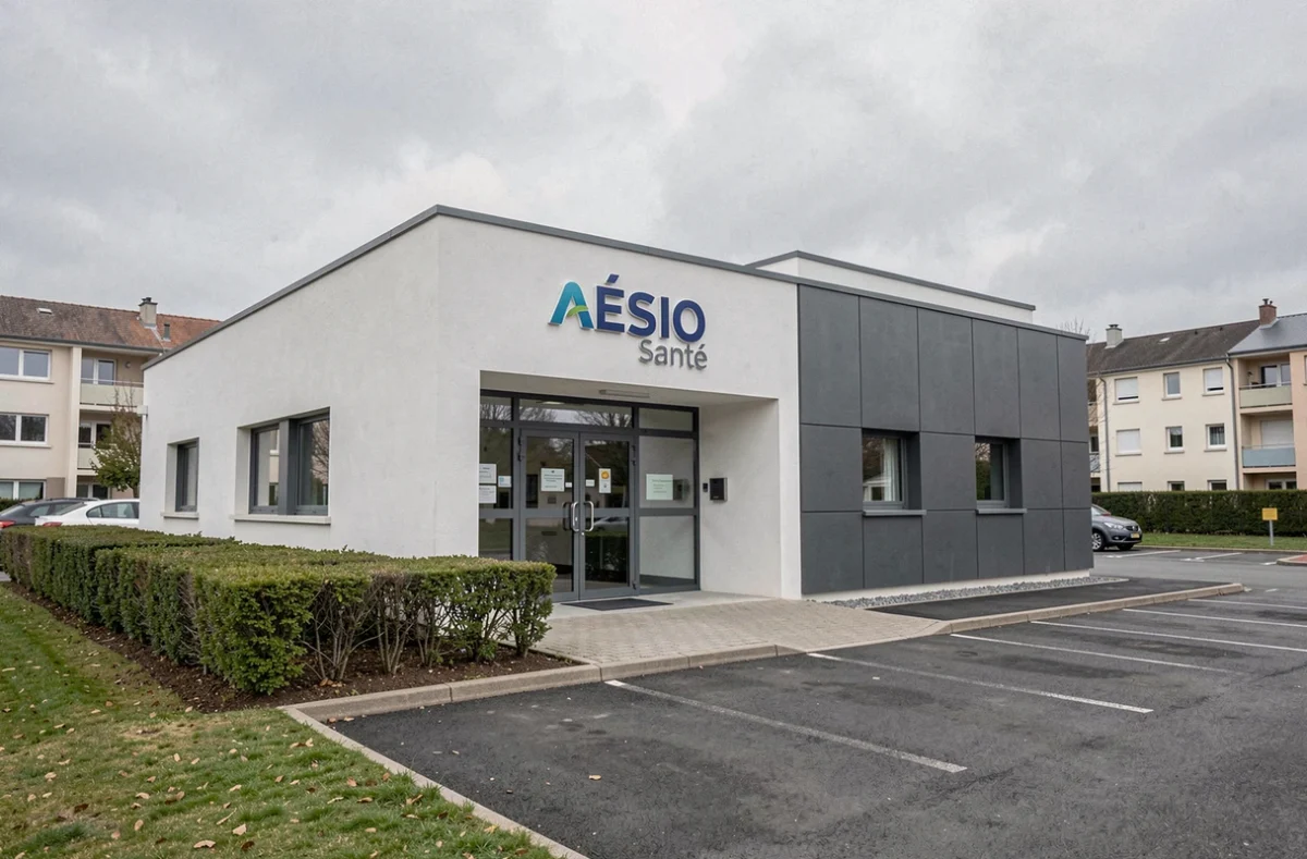La façade extérieure du Centre Dentaire Mutualiste AÉSIO Santé Firminy avec son logo visible au-dessus de l'entrée vitrée