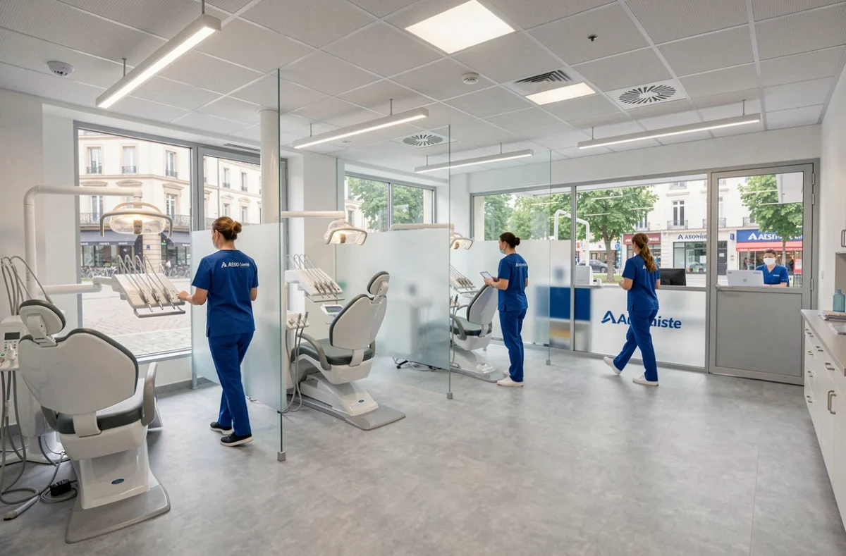 L'espace de soins ouvert du Centre Dentaire Mutualiste AÉSIO Santé Roanne avec plusieurs fauteuils et une équipe en tenue bleue