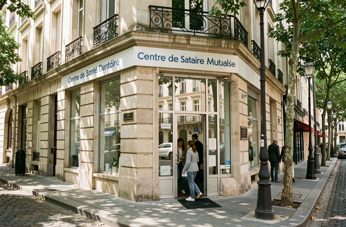 Façade du Centre de Santé Dentaire Mutualiste du Marais, avec son entrée vitrée et la rue pavée typique d'une ville française