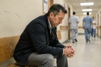 Homme assis seul dans un couloir d'hôpital, regard baissé, évoquant l'attente et l'inquiétude face à la maladie