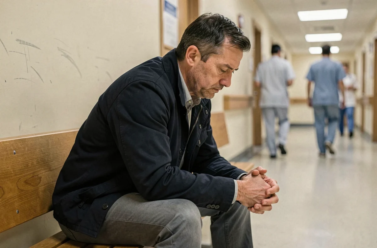 Homme assis seul dans un couloir d'hôpital, regard baissé, évoquant l'attente et l'inquiétude face à la maladie