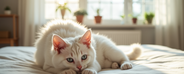 Chat hypoallergenique sur un lit blanc dans un salon lumineux