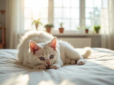 Chat hypoallergenique sur un lit blanc dans un salon lumineux