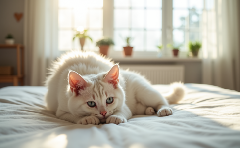Chat hypoallergenique sur un lit blanc dans un salon lumineux