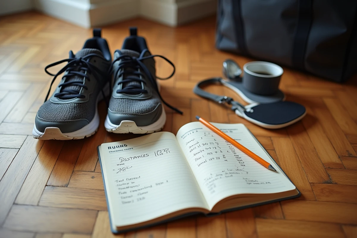 Chaussures de running et carnet d'entraînement manuscrit avec relevés de distances en kilomètres sur parquet en bois