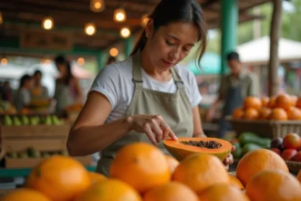 Femme choisissant une papaye mûre en appuyant sur la peau au marché tropical