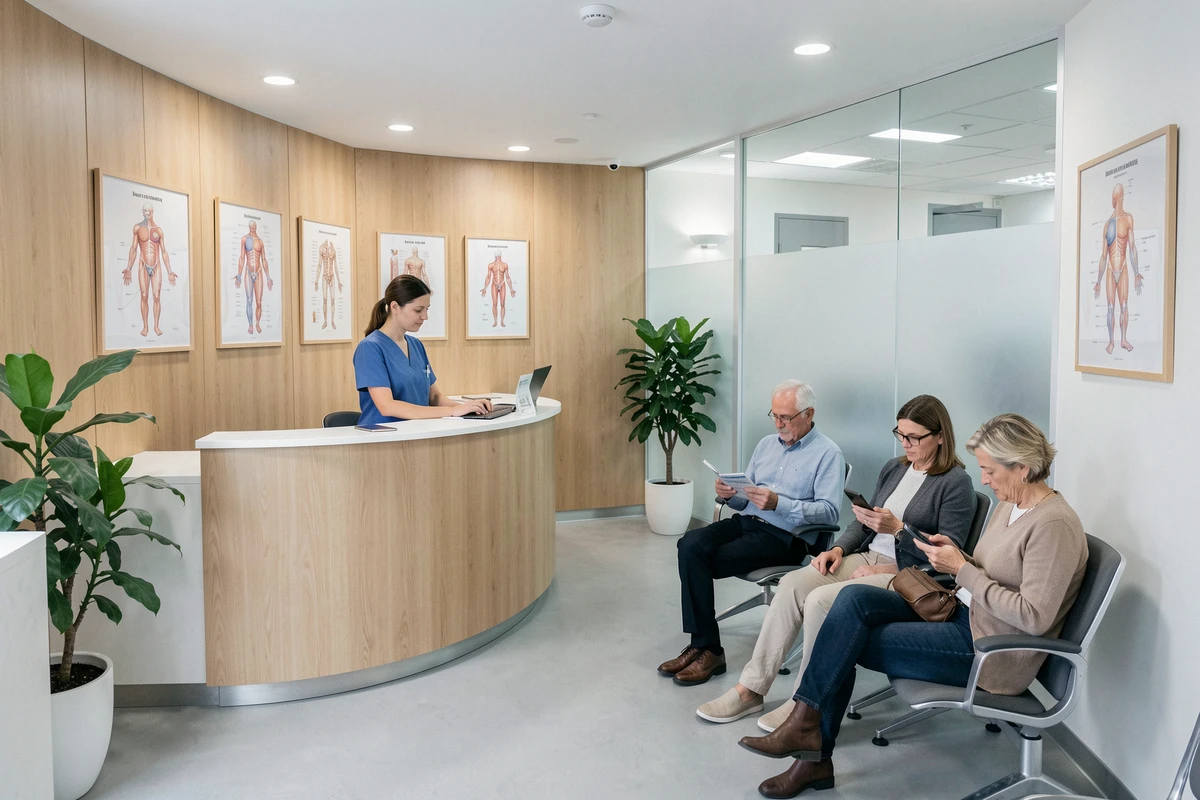 Salle d'attente moderne d'une clinique rhumatologique spécialisée avec personnel médical et patients