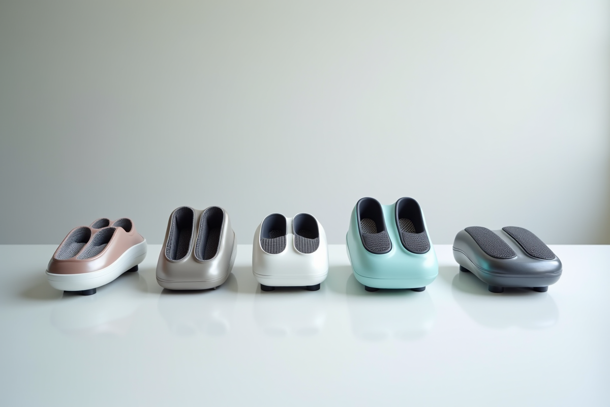 Différents masseurs électriques pour les pieds sur une table blanche