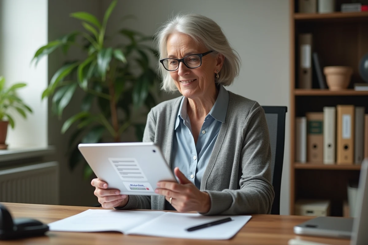 Professionnelle de santé configurant son compte Mailiz sur une tablette depuis son bureau à domicile