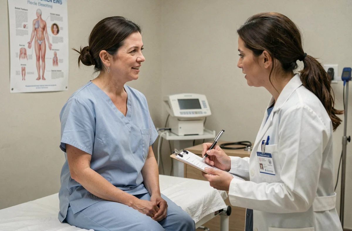 Patiente en consultation médicale avec une médecin pour des symptômes de constipation et douleur lombaire, dans un cabinet de médecine générale