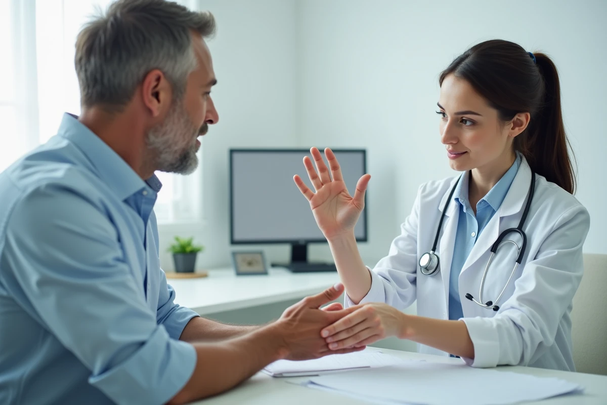Patient montrant sa main gauche à un médecin lors d'une consultation pour démangeaisons inexpliquées
