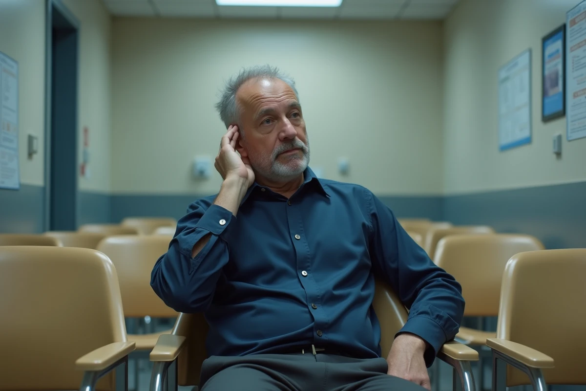 Homme en salle d'attente médicale touchant son oreille gauche, illustrant la nécessité de consulter un médecin pour acouphènes