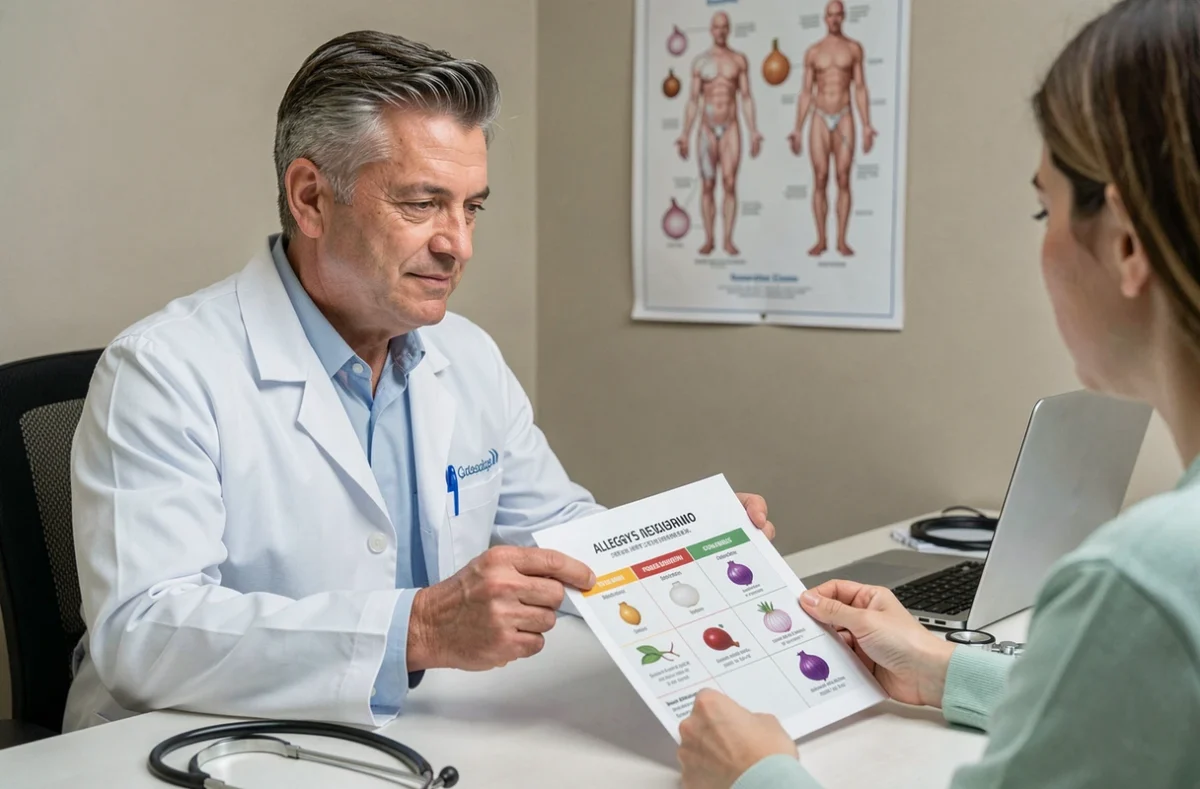 Médecin présentant les résultats d'un test d'allergie alimentaire aux oignons à un patient lors d'une consultation médicale
