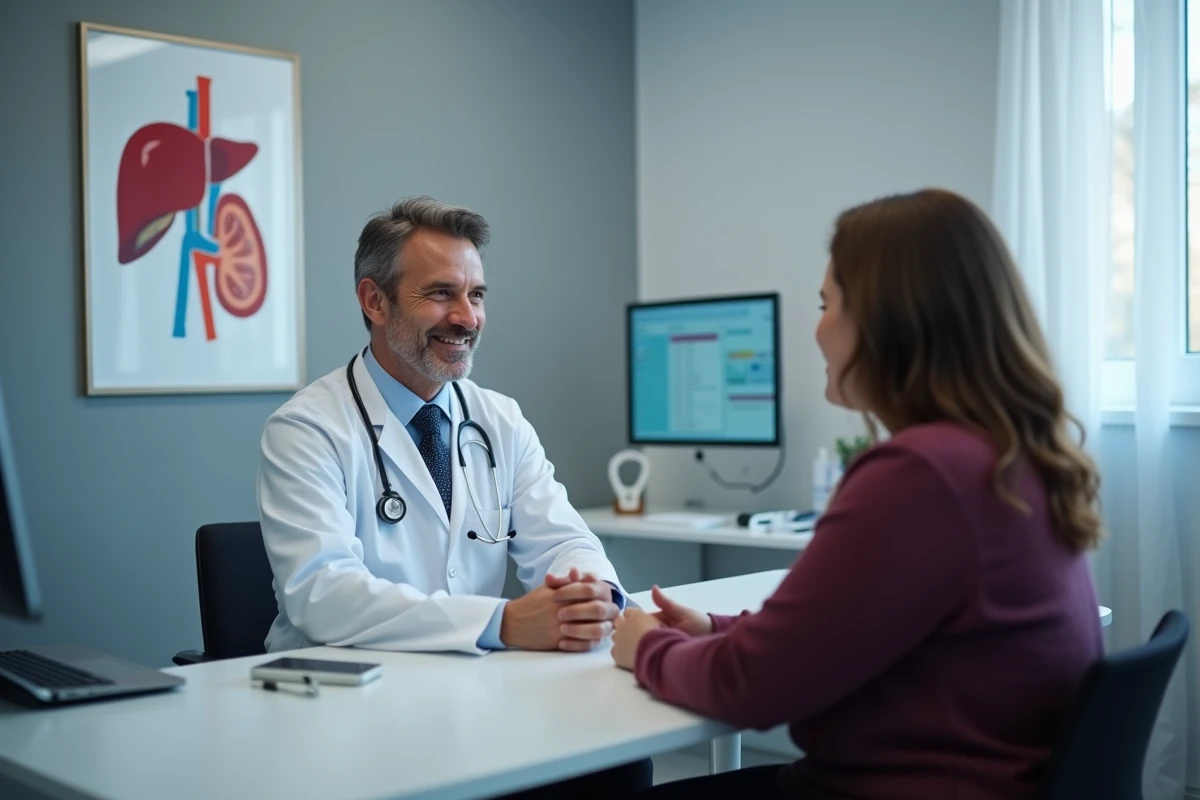 Consultation médicale entre un médecin et une patiente en surpoids pour analyser des résultats de transaminases élevées