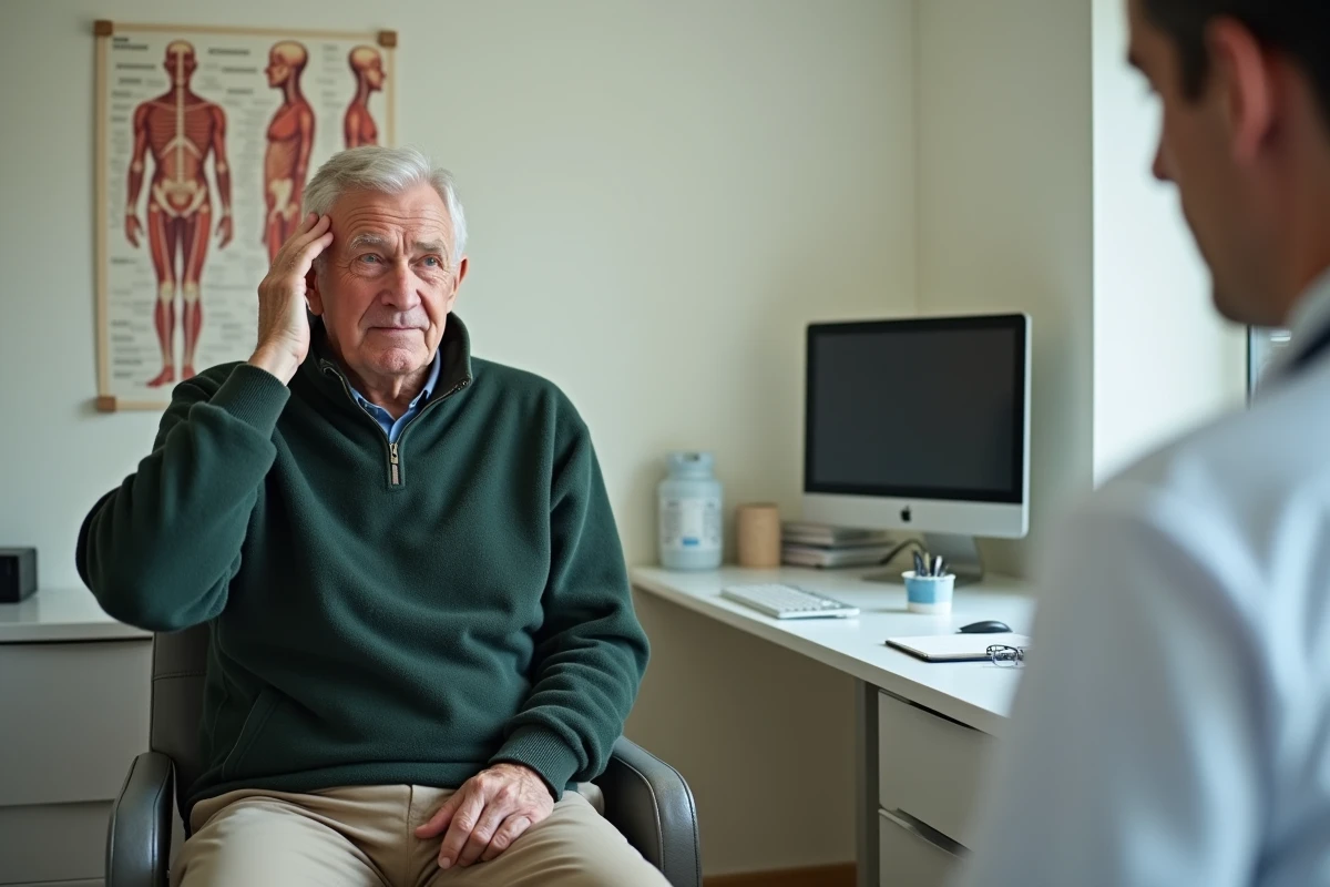 Patient d'une cinquantaine d'années chez le médecin décrivant ses symptômes de vertige et de tête lourde lors d'une consultation médicale