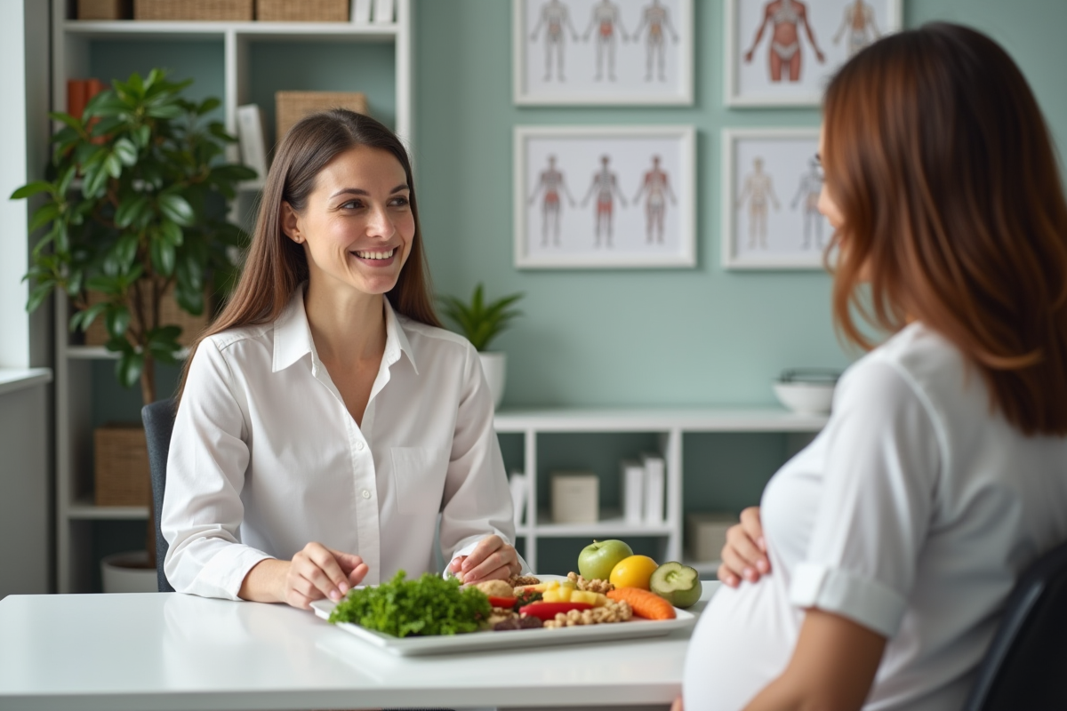 Nutritionniste discutant avec une femme enceinte dans un cabinet