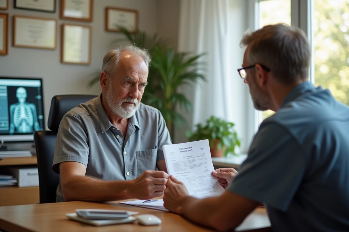 Patient âgé en consultation médicale discutant des résultats d'analyse sanguine et d'un avis hématologue