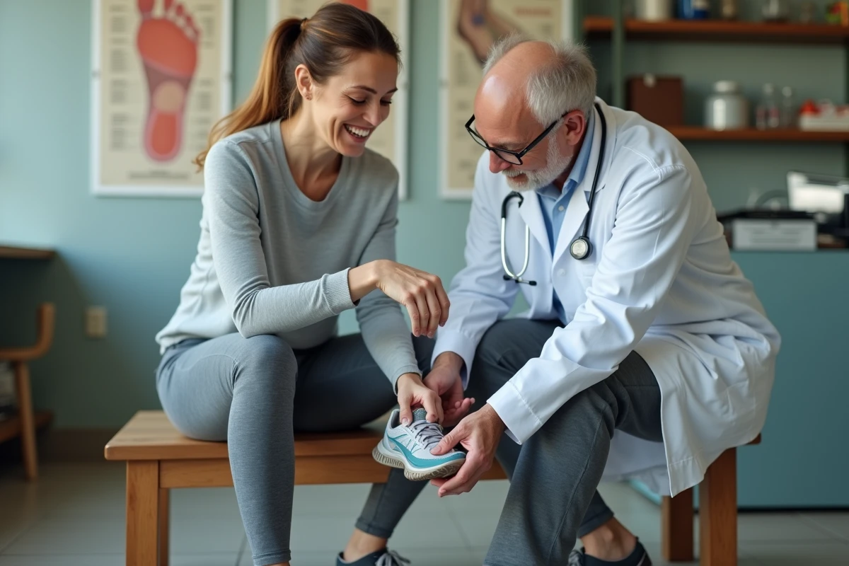 Podologue ajustant une semelle orthopédique sur mesure dans la chaussure d'une patiente souffrant de pied plat lors d'une consultation