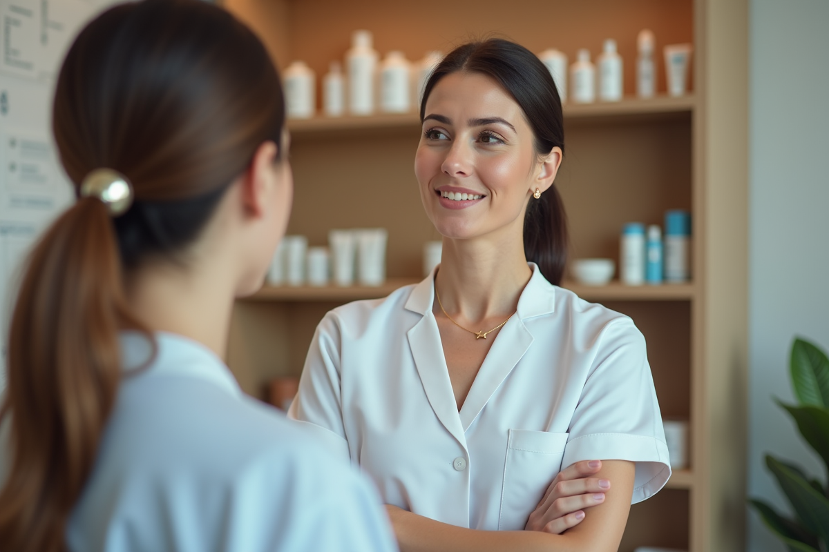 Femme en uniforme médical consultant une cliente dans un espace moderne