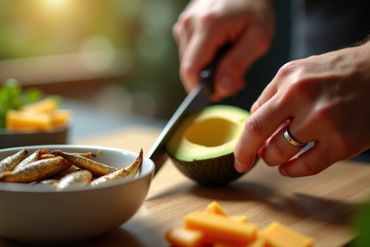 Mains tranchant un avocat frais avec sardines et fromage
