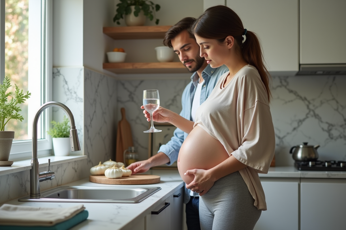 Couple dans la cuisine avec femme enceinte et soutien