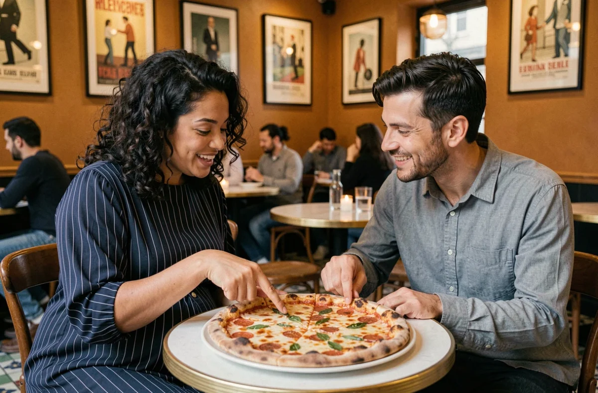 Femme enceinte et son partenaire partageant une pizza au restaurant avec sérénité