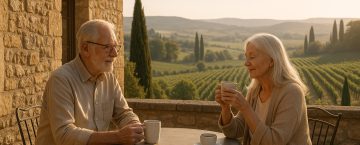 Couple senior prenant un café sur la terrasse en France