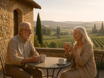 Couple senior prenant un café sur la terrasse en France