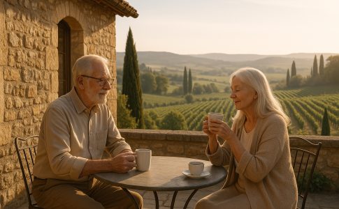 Couple senior prenant un café sur la terrasse en France
