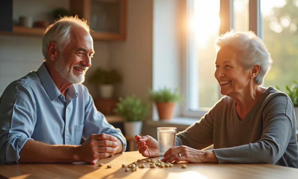 Couple senior souriant avec capsules et eau naturelle